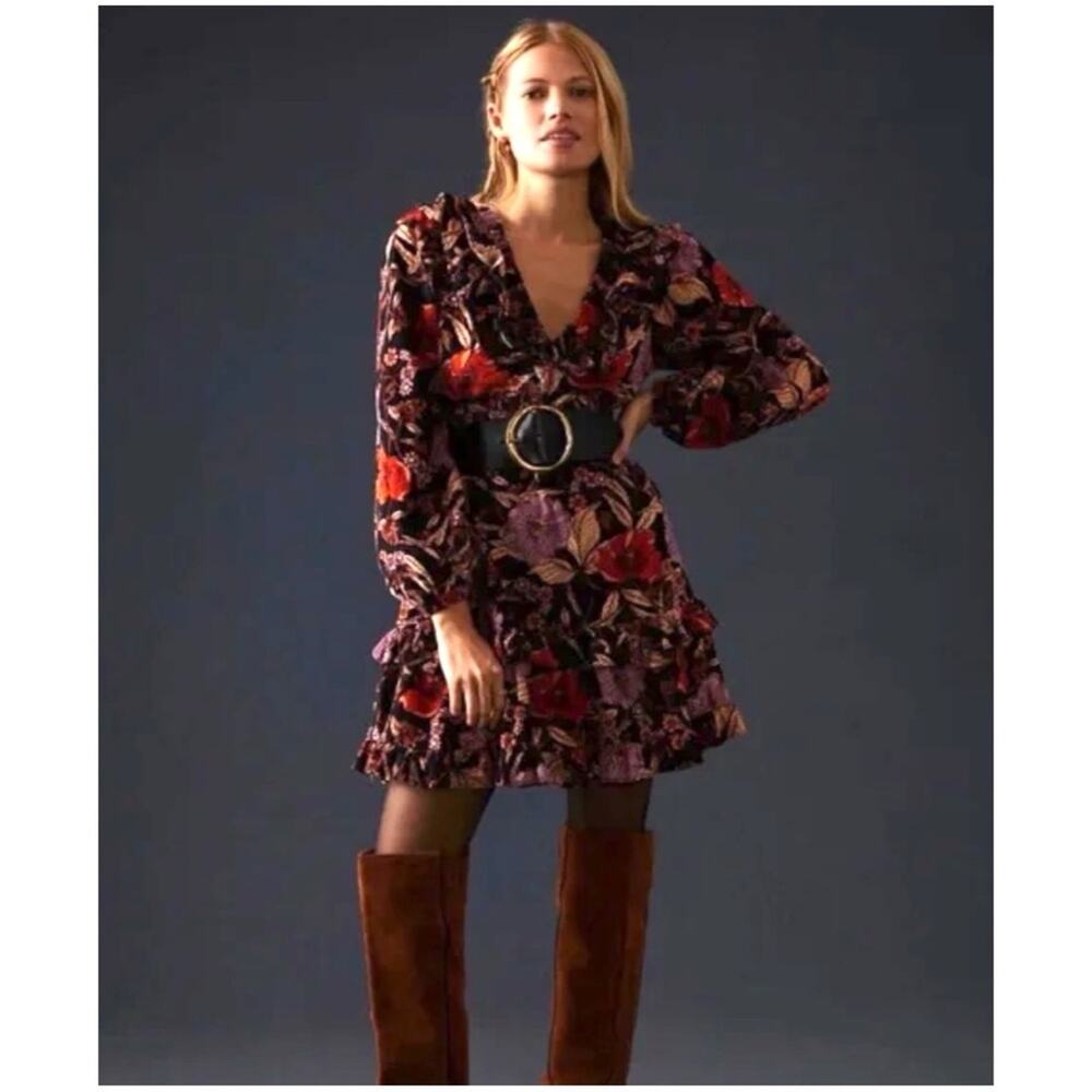 Pilcro Anthropologie Women’s S Floral Mini Dress Ruffle Tiered Corduroy V-Neck